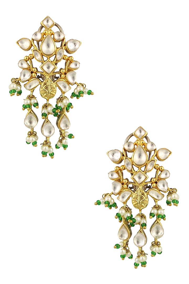 Matte Gold Finish Kundan Crystal and Pearl Danglers Earrings by Rohita and Deepa