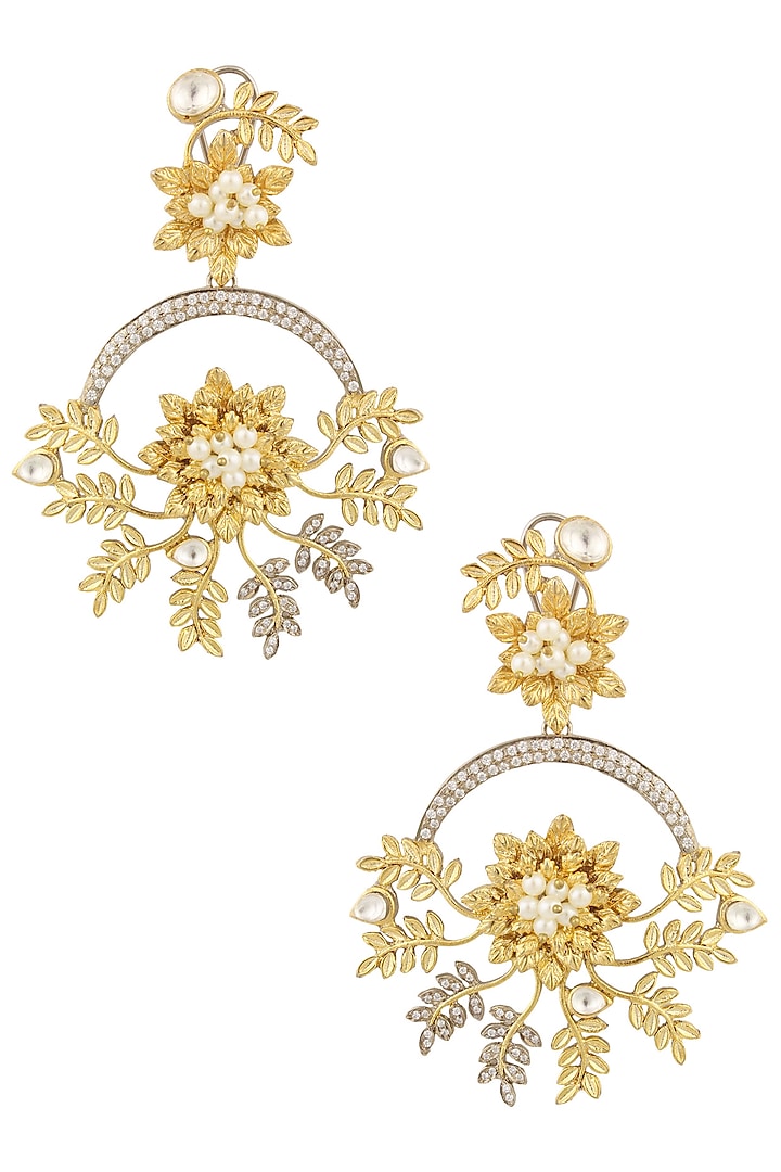 Matte Gold Finish Kundan Crystal Leaf Motif Earrings by Rohita and Deepa