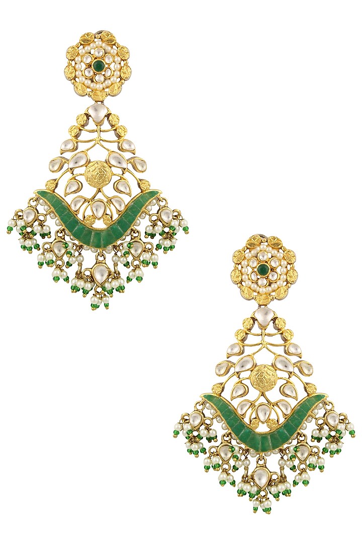 Matte Gold Finish Green Stone and Kundan Crystal Danglers Earrings by Rohita and Deepa