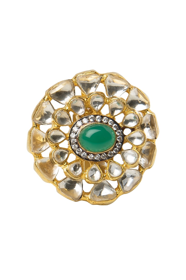 Gold Plated Finger Green Onyx Ring by Rohita and Deepa