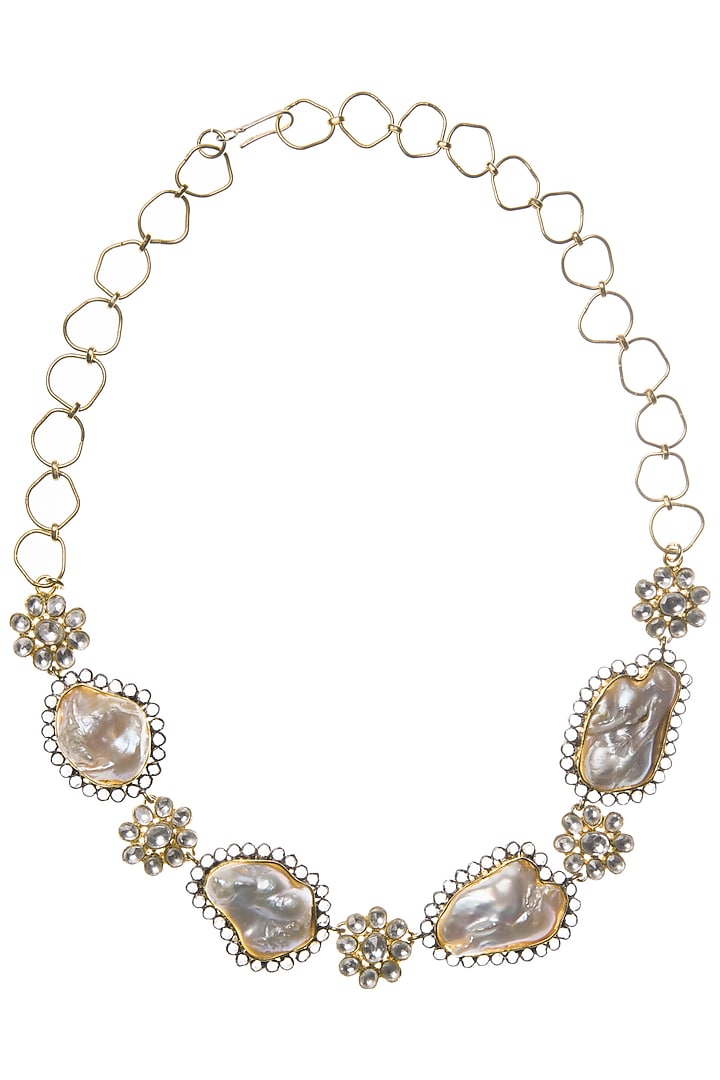 Gold Plated Baroque Pearls Necklace by Rohita and Deepa