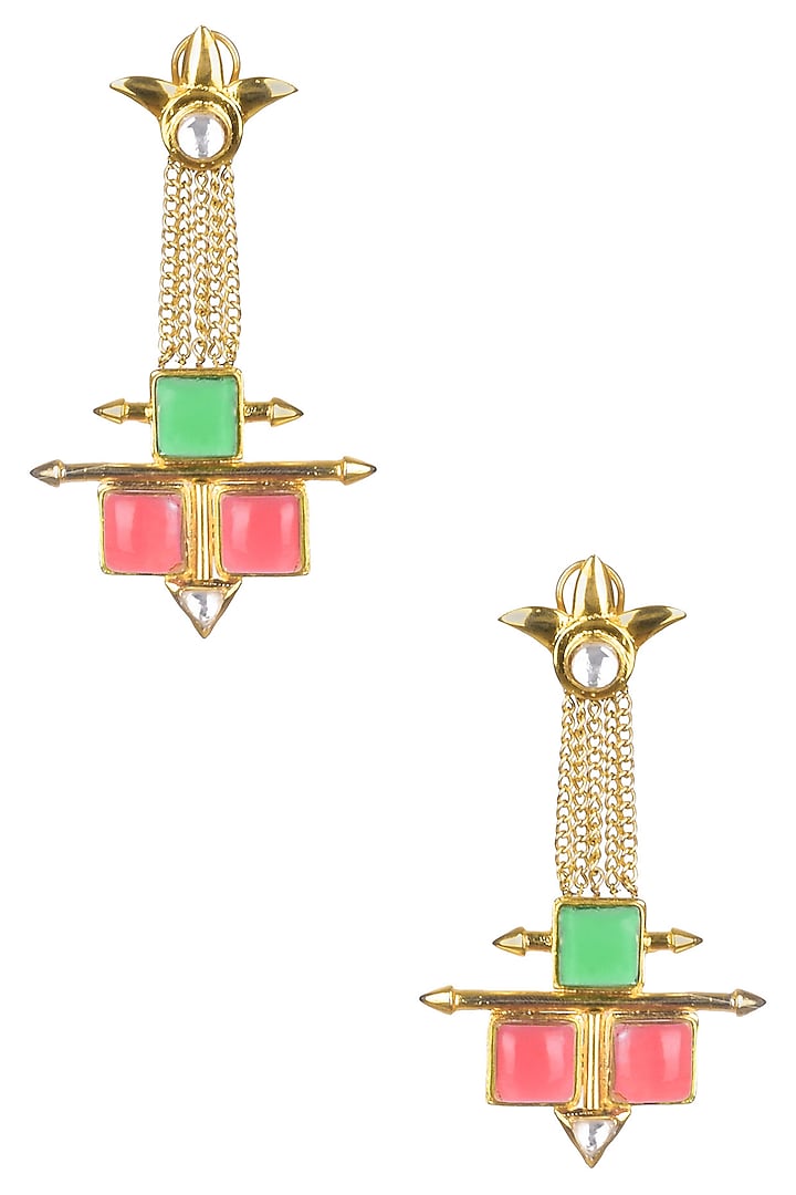 Gold Matte Finish Colored Deco Glass Chains Earrings by Rohita and Deepa