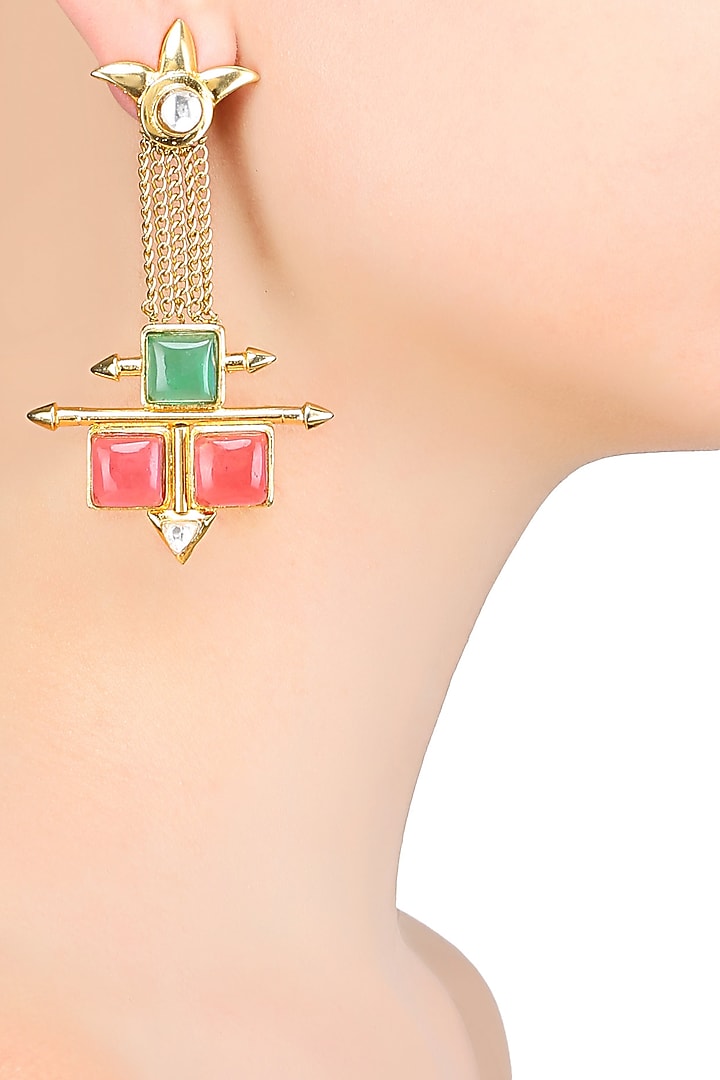 Rohita and Deepa presents Gold matte finish colored deco glass chains earrings available only at Pernia's Pop Up Shop.