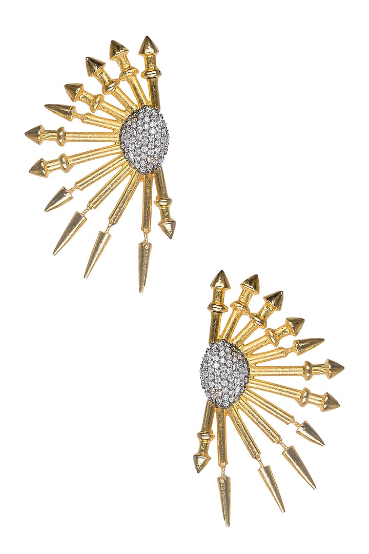 Gold Matte Finish Cubic Zirconium Metal Spikes Earrings by Rohita and Deepa