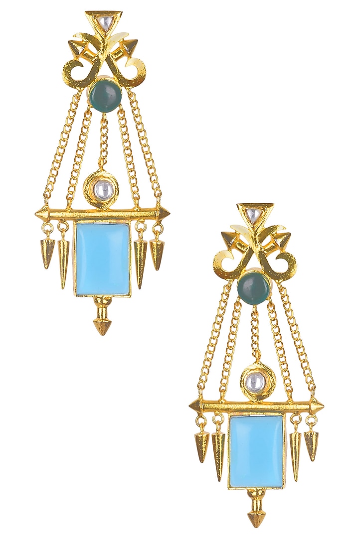 Gold Matte Finish Blue Deco Glass And Malachite Earrings by Rohita and Deepa