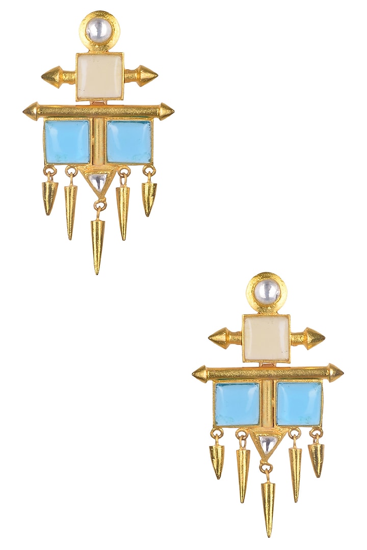 Gold Matte Finish Blue Deco Glass Hanging Spikes Earrings by Rohita and Deepa