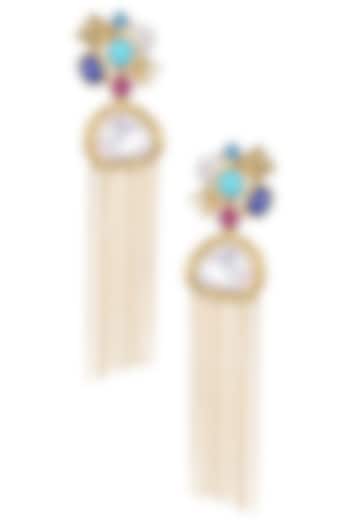 Gold Matte Finish Colored Glass Stone And Baroque Pearl Tassel Earrings by Rohita and Deepa