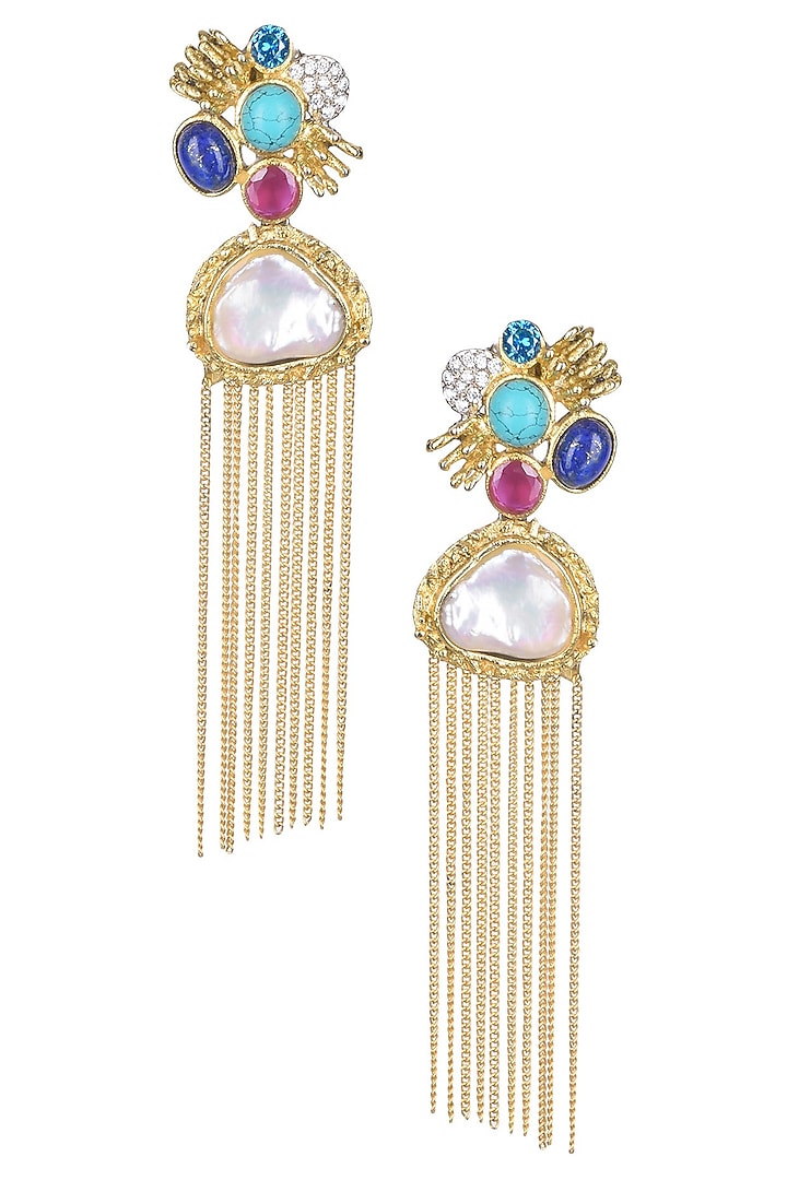 Gold Matte Finish Colored Glass Stone And Baroque Pearl Tassel Earrings by Rohita and Deepa