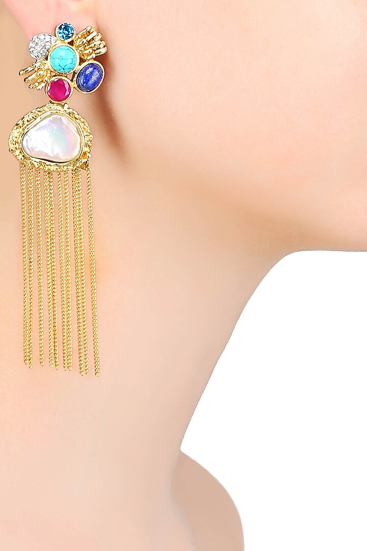 Rohita and Deepa presents Gold matte finish colored glass stone and baroque pearl tassel earrings available only at Pernia's Pop Up Shop.
