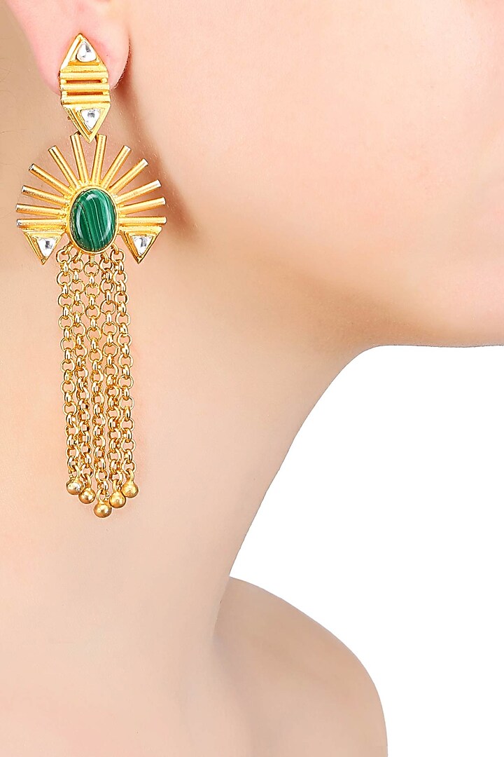 Rohita and Deepa presents Gold matte finish malachite stone chain hanging earrings available only at Pernia's Pop Up Shop.