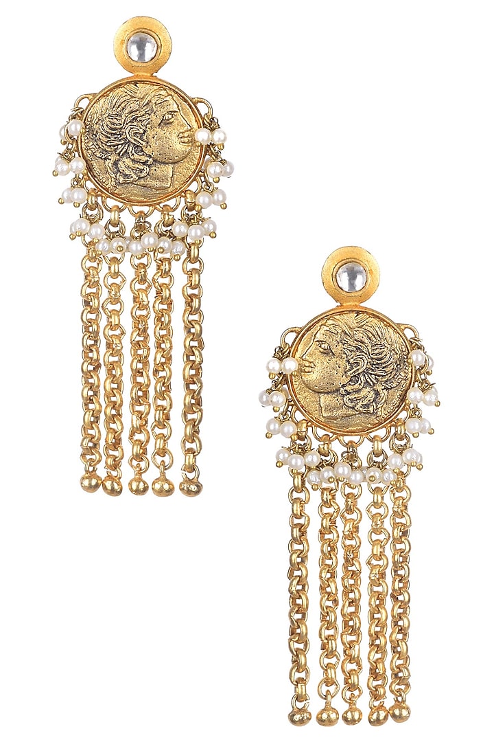 Gold Matte Finish Baby Pearl With Antique Lion Motif Earrings by Rohita and Deepa