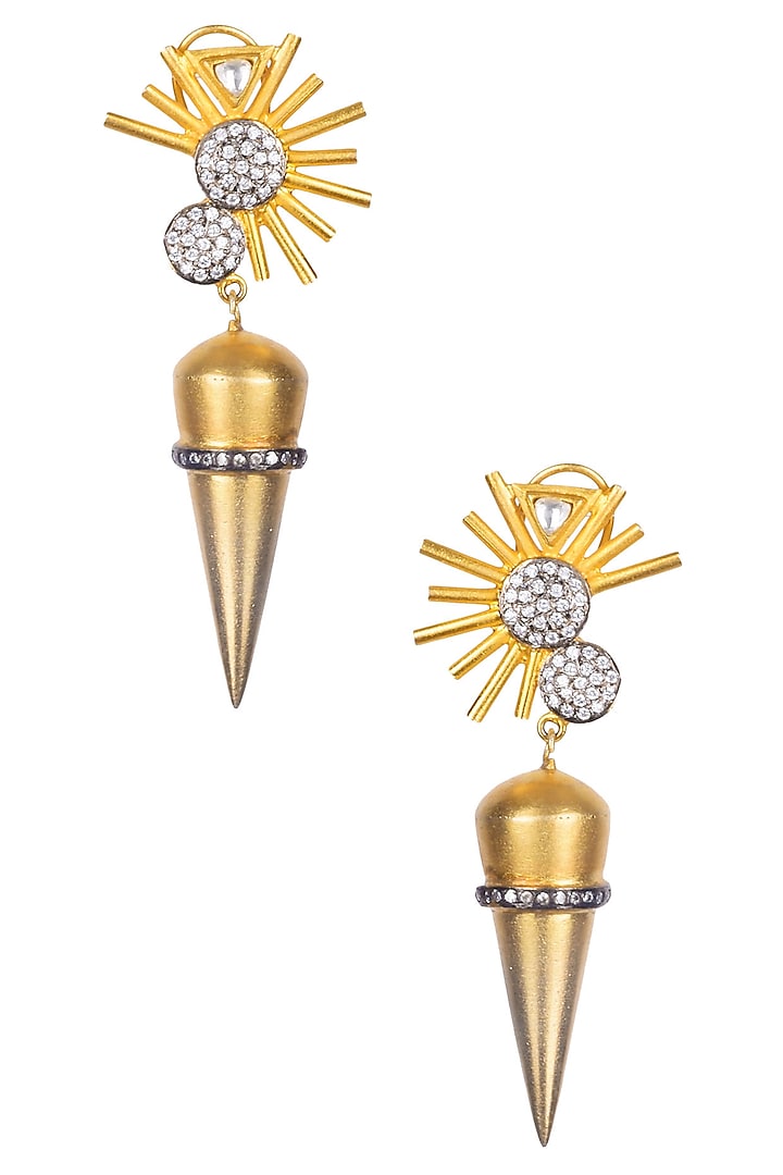 Rohita and Deepa presents Gold matte finish cubic zirconium star burst earrings available only at Pernia's Pop Up Shop.