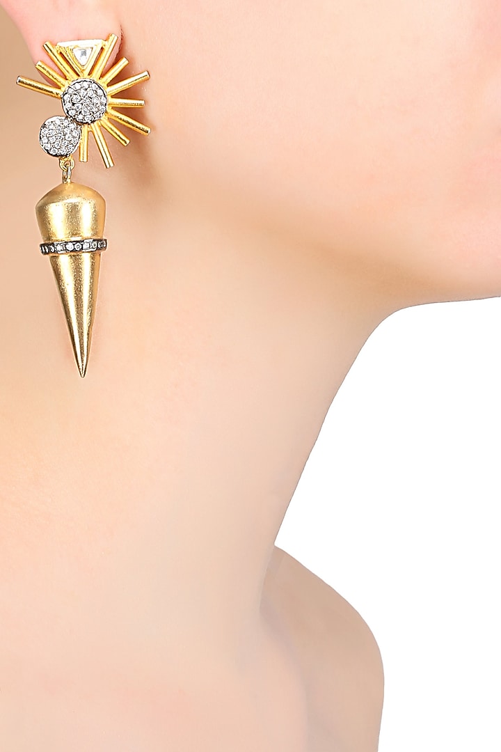 Rohita and Deepa presents Gold matte finish cubic zirconium star burst earrings available only at Pernia's Pop Up Shop.