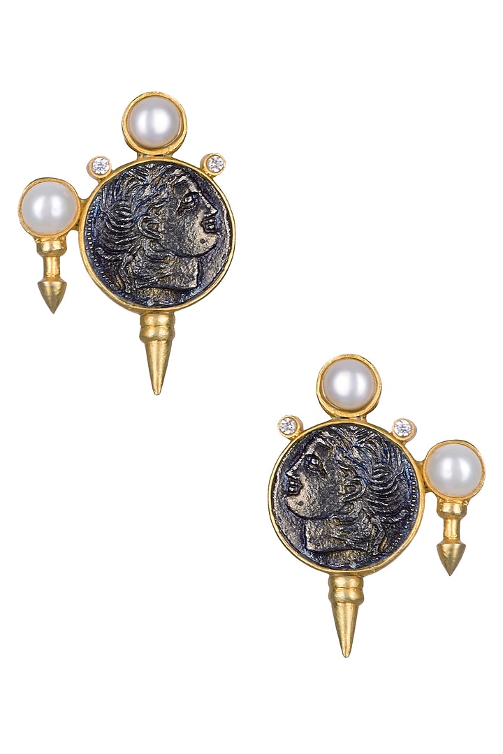 Antique Coin Motif Pearl Knobs Earrings by Rohita and Deepa