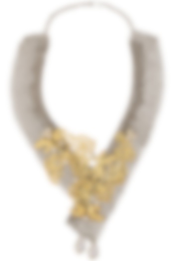 Gold Matte Finish Floral Creeper Motif Necklace With Chain Mesh Base by Rohita and Deepa