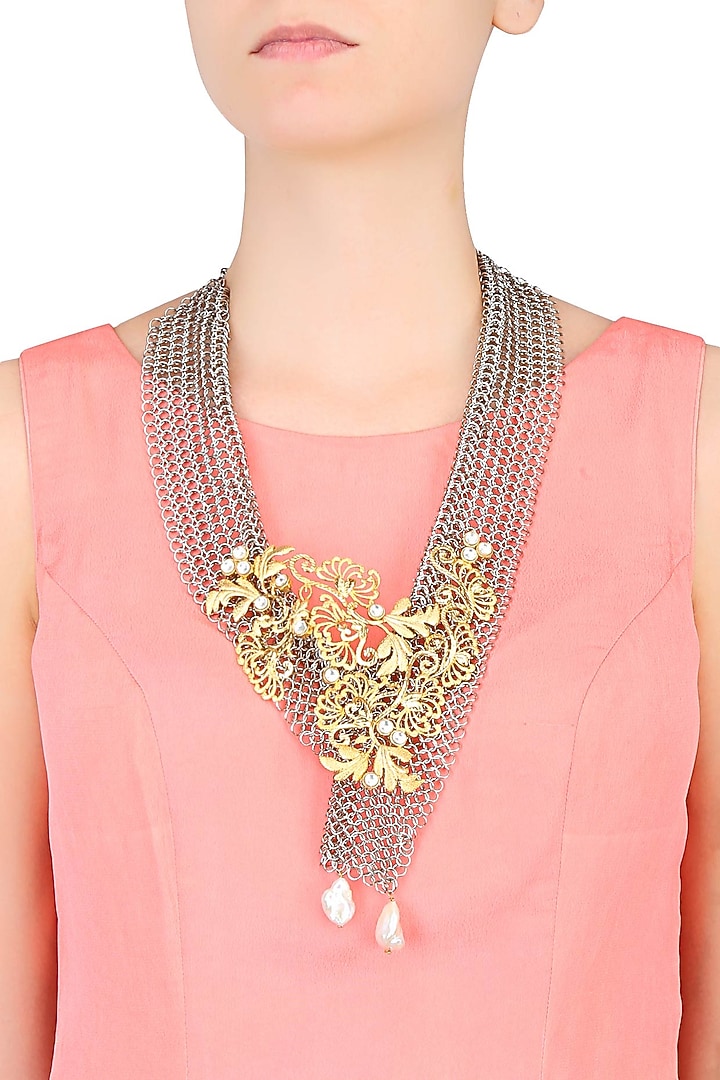 Rohita and Deepa presents Gold matte finish floral creeper motif necklace with chain mesh base available only at Pernia's Pop Up Shop.