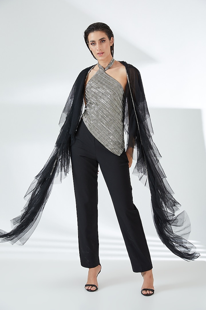 Black Polyester Micro Tulle Layered Stole by RUDRAKSH DWIVEDI at Pernia's Pop Up Shop