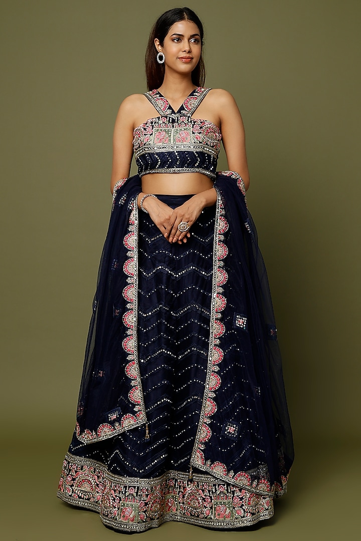 Navy Blue Embroidered Lehenga Set by REDPINE DESIGNS