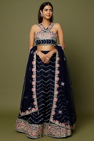 Navy Blue Embroidered Lehenga Set by REDPINE DESIGNS