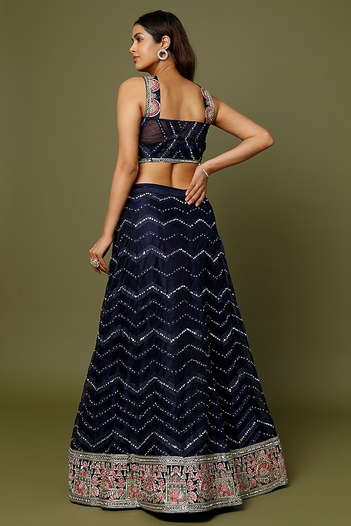 Navy Blue Embroidered Lehenga Set by REDPINE DESIGNS at Pernia's Pop Up Shop