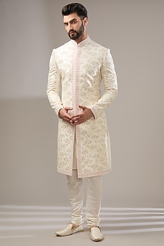 Ivory Silk Dori Embroidered Sherwani Set by RE CHANNEL
