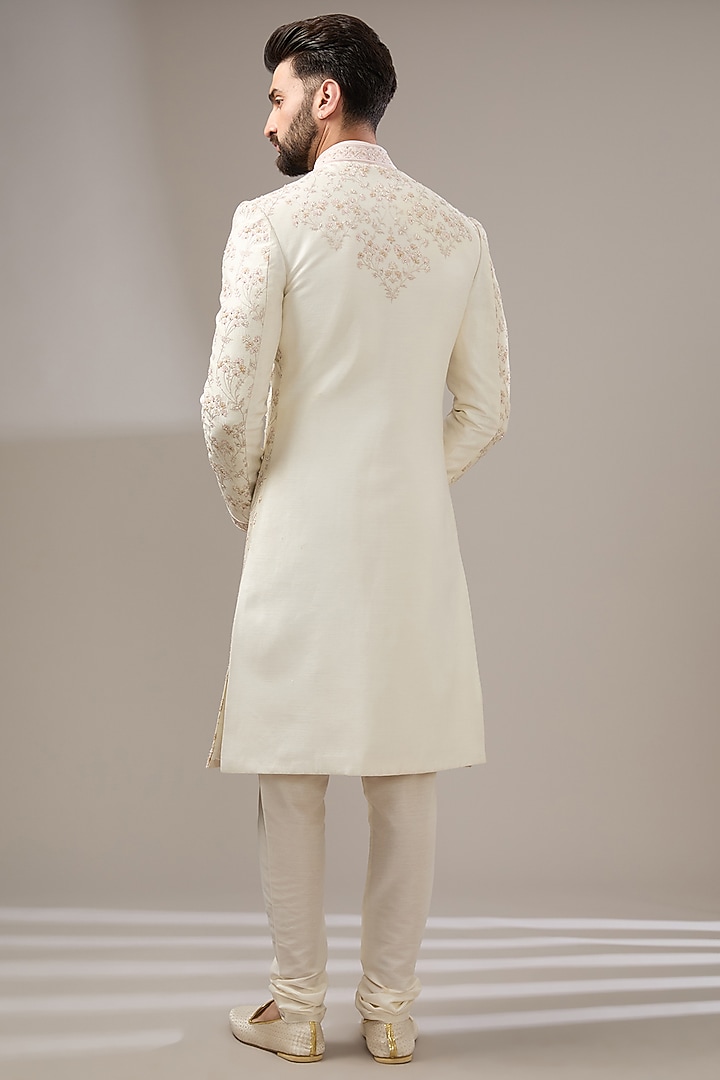 Ivory Silk Dori Embroidered Wedding Sherwani Set by RE CHANNEL at Pernia's Pop Up Shop