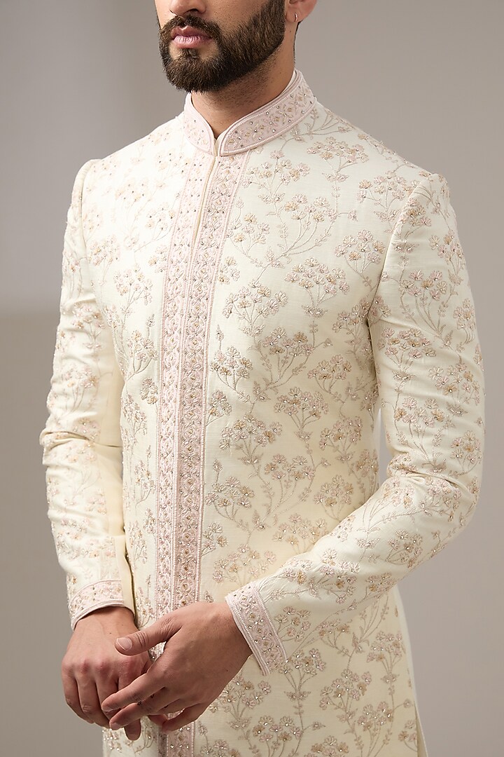 Ivory Silk Dori Embroidered Wedding Sherwani Set by RE CHANNEL at Pernia's Pop Up Shop