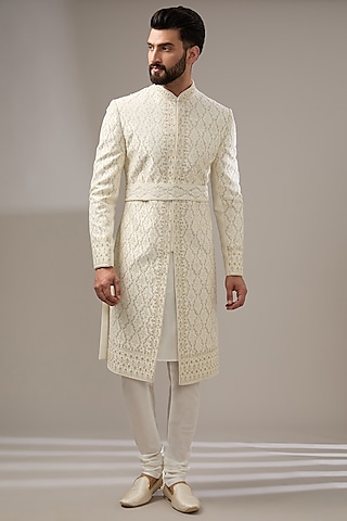 Ivory Silk Dori Work Sherwani Set by RE CHANNEL