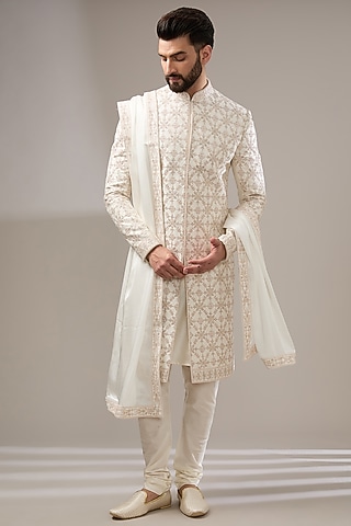 Ivory Silk Geometric Dori Work Sherwani Set by RE CHANNEL
