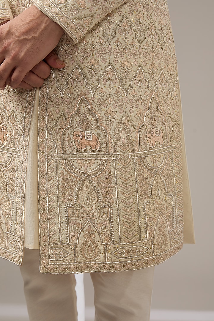 Cream Silk Hand Embroidered Wedding Sherwani Set by RE CHANNEL at Pernia's Pop Up Shop