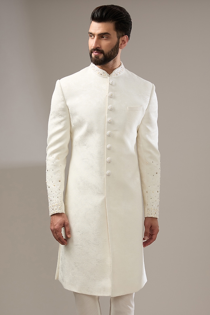 Pearl White Silk Pearl Work Wedding Sherwani Set by RE CHANNEL at Pernia's Pop Up Shop