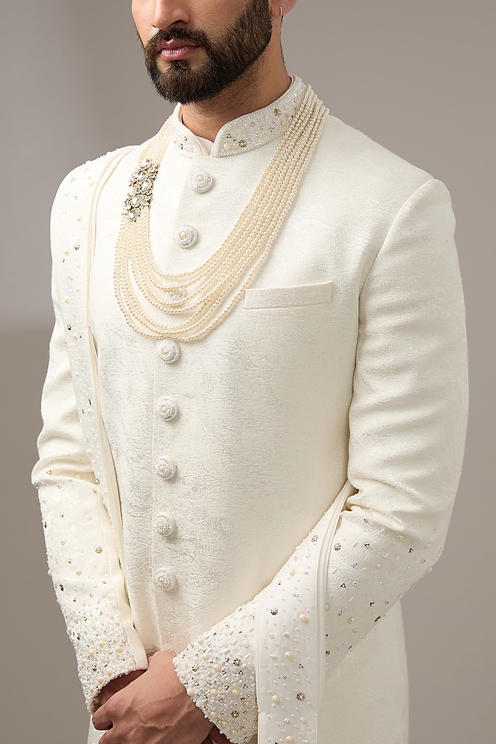 Pearl White Silk Pearl Work Wedding Sherwani Set by RE CHANNEL at Pernia's Pop Up Shop