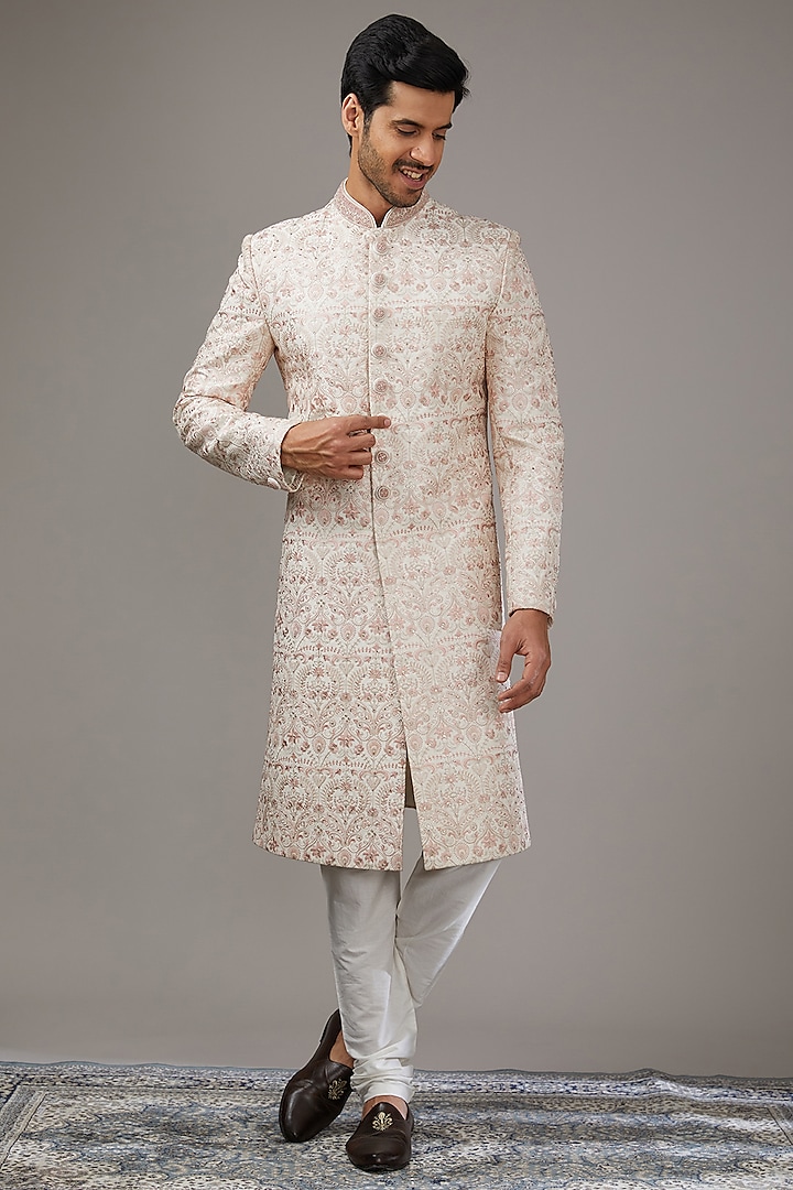 Off-White Silk Dori Work Sherwani Set by RE CHANNEL