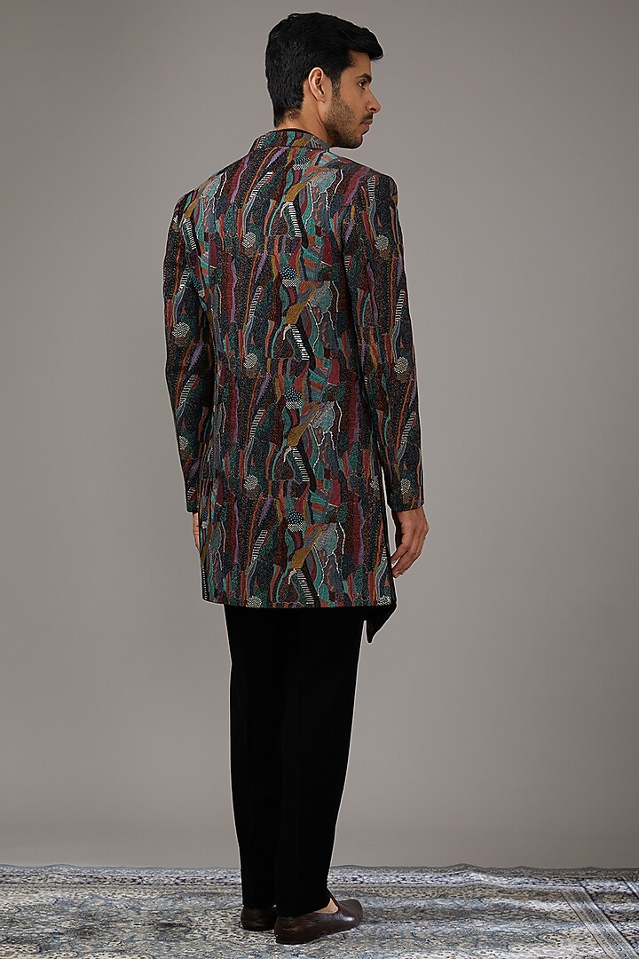 Black Japanese Suiting Fabric Sequins Embroidered Wedding Indowestern Set by RE CHANNEL at Pernia's Pop Up Shop