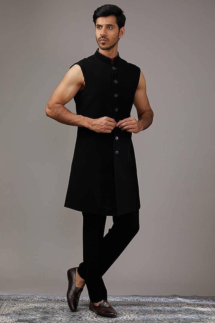 Black Japanese Suiting Fabric Sequins Embroidered Wedding Indowestern Set by RE CHANNEL at Pernia's Pop Up Shop