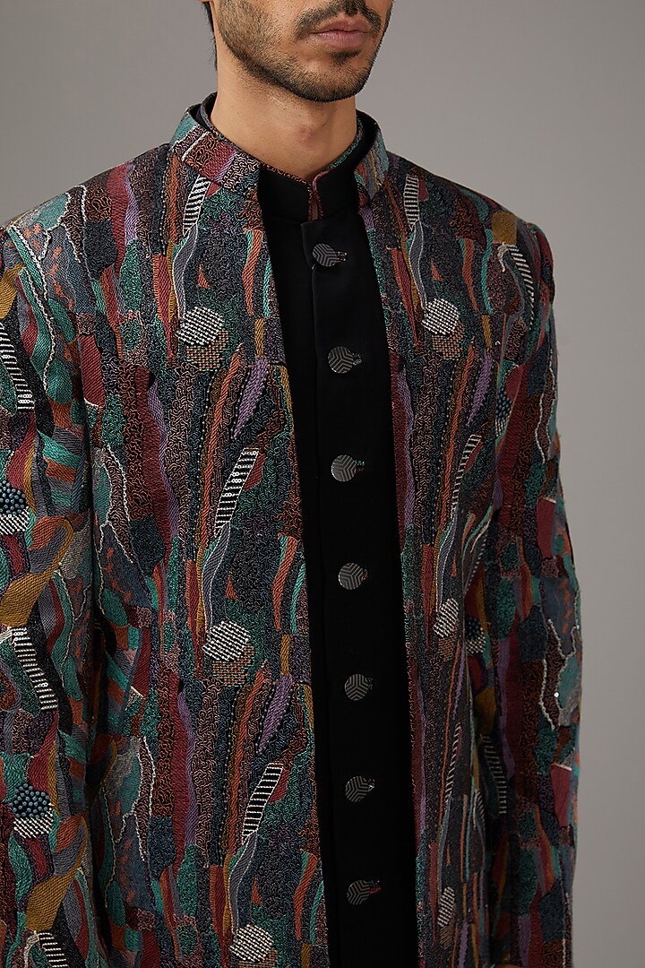 Black Japanese Suiting Fabric Sequins Embroidered Wedding Indowestern Set by RE CHANNEL at Pernia's Pop Up Shop