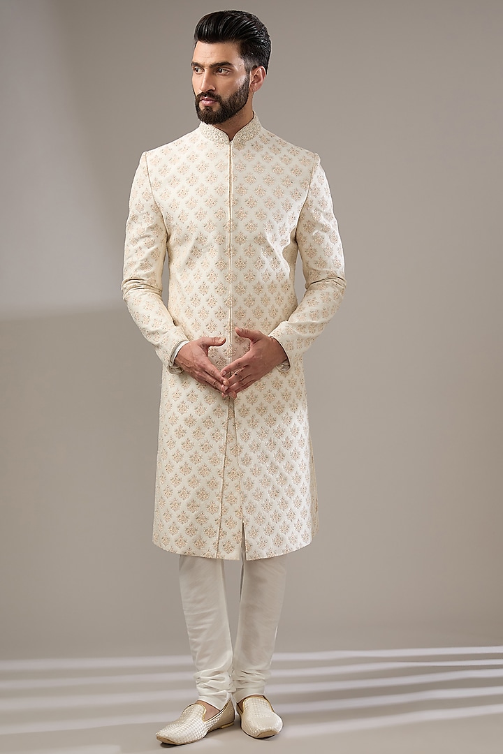 Cream Silk Zari Embellished Sherwani Set by RE CHANNEL