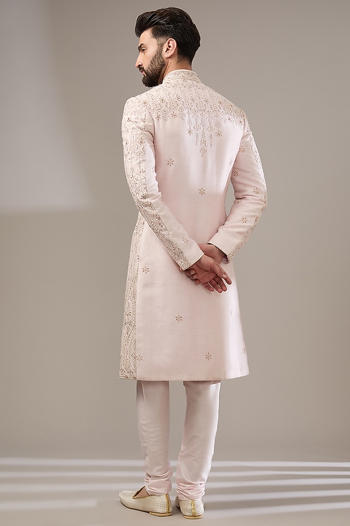 Pink Silk Cutdana Embroidered Wedding Sherwani Set by RE CHANNEL at Pernia's Pop Up Shop