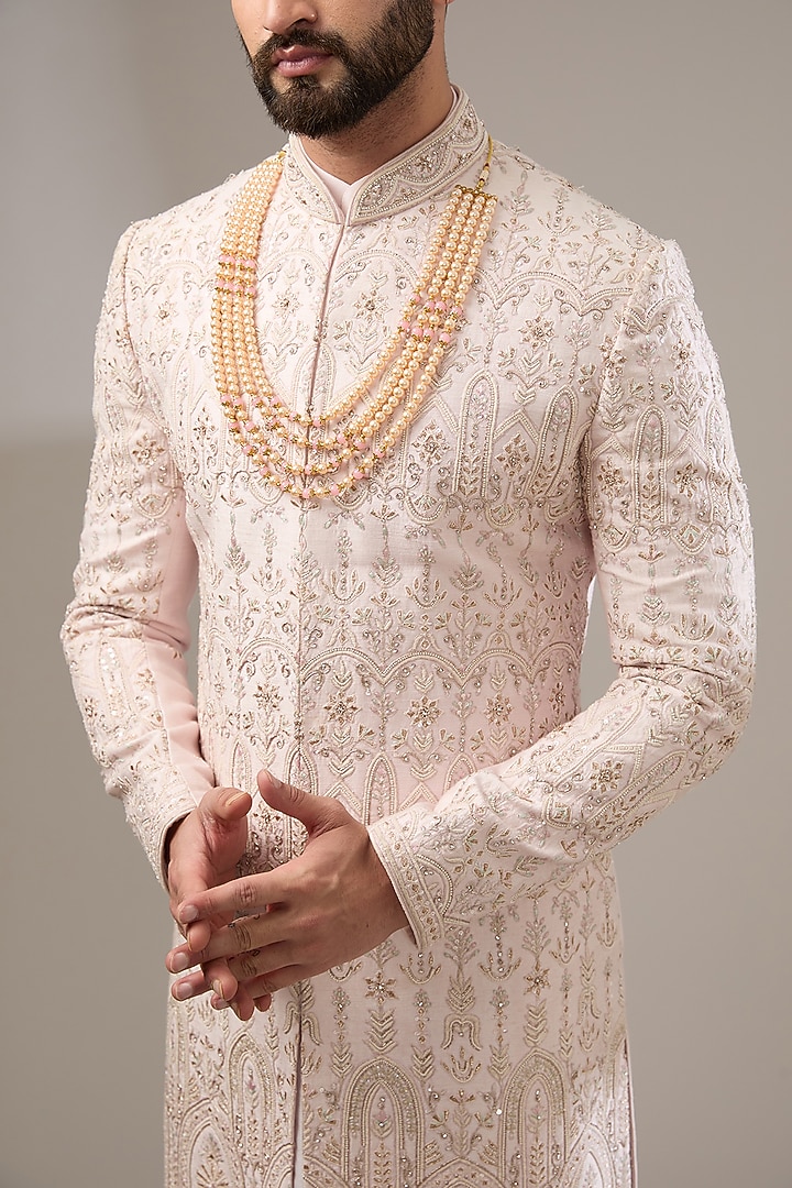 Pink Silk Cutdana Embroidered Wedding Sherwani Set by RE CHANNEL at Pernia's Pop Up Shop