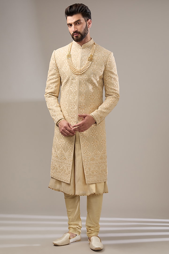 Gold Georgette Hand Embroidered Sherwani Set by RE CHANNEL