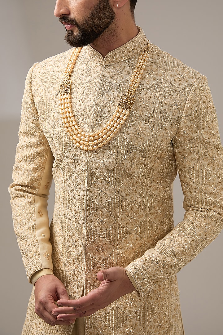 Gold Georgette Hand Embroidered Groom Sherwani Set by RE CHANNEL at Pernia's Pop Up Shop