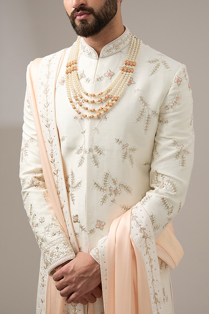 Ivory Silk Thread Work Wedding Sherwani Set by RE CHANNEL at Pernia's Pop Up Shop