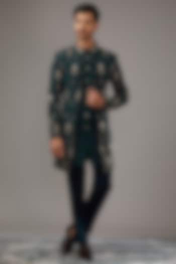 Green Japanese Suiting Fabric Embroidered Wedding Indowestern Set by RE CHANNEL at Pernia's Pop Up Shop