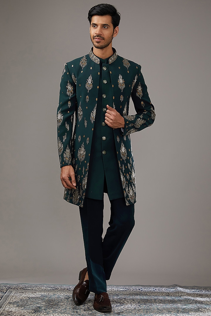 Green Japanese Suiting Fabric Embroidered Wedding Indowestern Set by RE CHANNEL at Pernia's Pop Up Shop