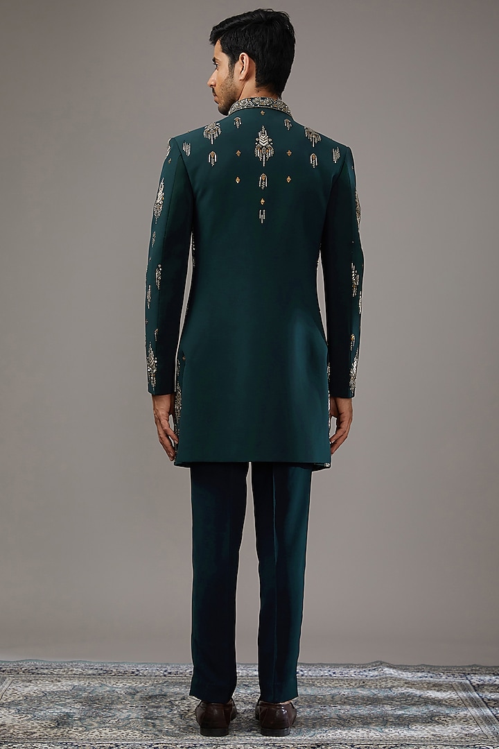Green Japanese Suiting Fabric Embroidered Wedding Indowestern Set by RE CHANNEL at Pernia's Pop Up Shop