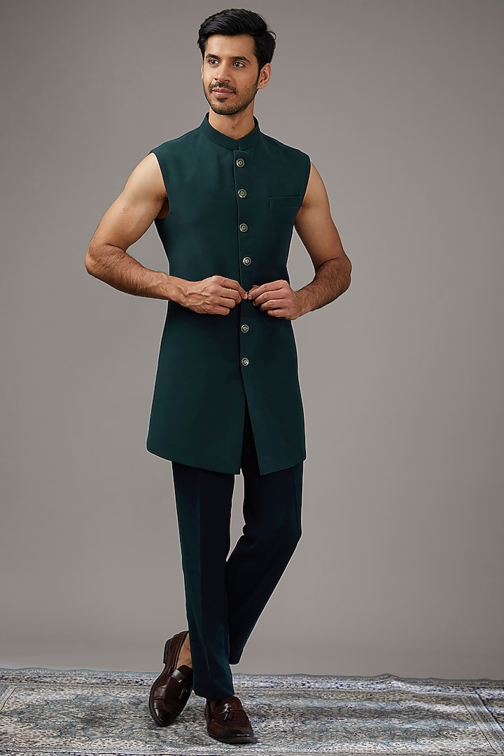 Green Japanese Suiting Fabric Embroidered Wedding Indowestern Set by RE CHANNEL at Pernia's Pop Up Shop