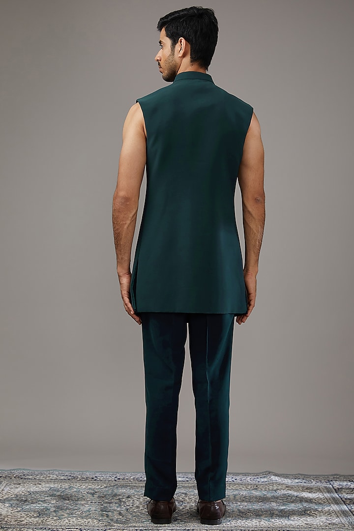 Green Japanese Suiting Fabric Embroidered Wedding Indowestern Set by RE CHANNEL at Pernia's Pop Up Shop