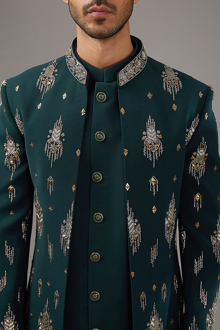 Green Japanese Suiting Fabric Embroidered Wedding Indowestern Set by RE CHANNEL at Pernia's Pop Up Shop