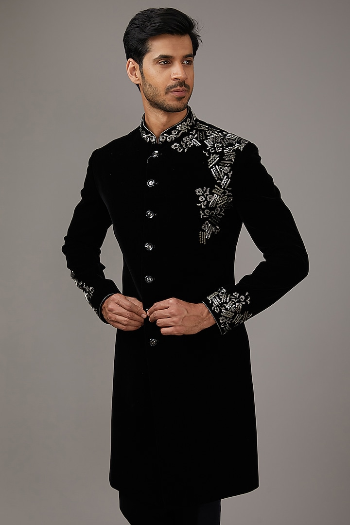 black Velvet silver Bead Work Indowestern Set by RE CHANNEL at Pernia's Pop Up Shop