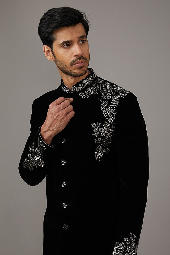 black Velvet silver Bead Work Indowestern Set by RE CHANNEL at Pernia's Pop Up Shop